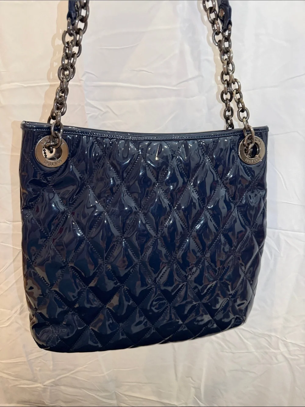 COACH Navy Patent Quilted Chain-Handle Shoulder Bag